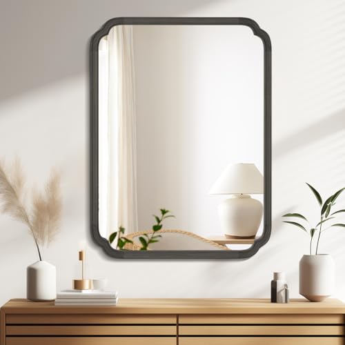 WallBeyond 30" x 40" Rounded Corner Arch Wall Mirror with Wood Frame for Entryway, Living Room or Bedroom Home Decor - Light Woodgrain [30 x 40 inches, Black] - color: Black a, size: 40"L x 30"W