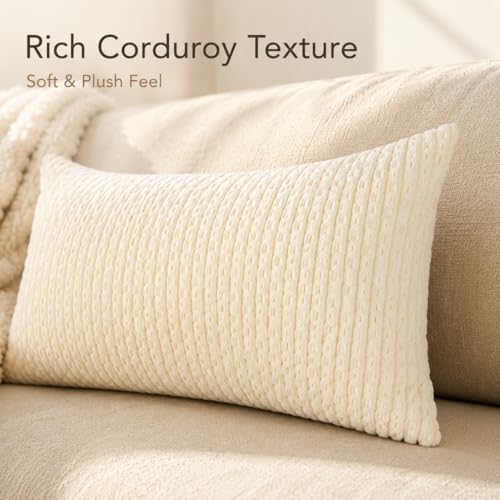 JoraLion 14x24 Boho Decorative Lumbar Throw Pillow Cover, Cream Cozy Soft Striped Corduroy Long Rectangle Cushion Case Accent Home Decor for Sofa Bed Room Livingroom, ONLY Cover - color: Cream, size: 24" x 14" (Pack of 1)