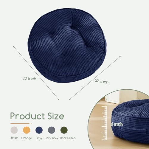 HIGOGOGO 6" Extra Thick Floor Pillow Cushion for Adults, Meditation Cushion Pillow, Large Round Floor Sitting, Tufted Corduroy Cover, for Tatami Living Room or Yoga, 22x22 Inch, Navy - color: Round Navy, size: 6" Thick(Pack of 1)
