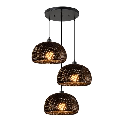 Black Bamboo 3 Light Fixtures Cluster Rattan Pendant Light Hand Woven Wicker Chandelier Boho Ceiling Hanging Light for Kitchen Stairway Hallway Dining Room Foyer - color: Black Bamboo, 3-Ligh