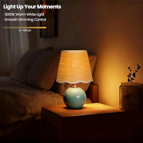 11.4" Scalloped Small Table Lamp, Green Ice Crackle Ceramic Bedside Lamp with Wavy Shade, 3-Color Dimmable LED Nightstand Light for Bedroom & Living Room, Aesthetic Home Decor, Bulb Included - color: Scalloped Fabric+Green Ceramic Base