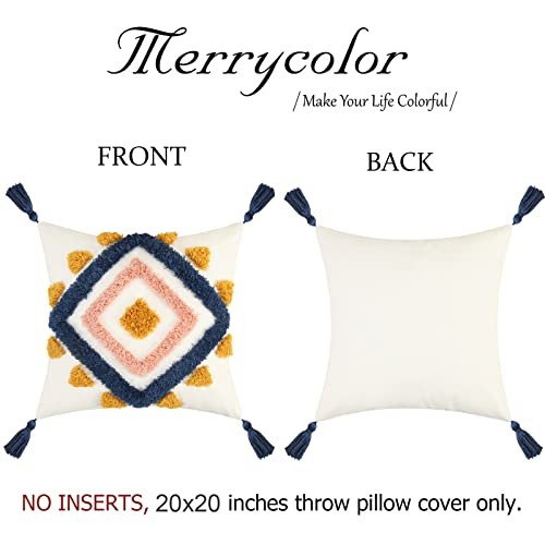 Merrycolor Boho Pillow Covers 20x20 Modern Geometric Diamond Boho Pillows Decorative Throw Pillow Cases Blue Pink Soft Woven Tufted Pillow Cushion for Couch Sofa Bedroom Living Room - color: Blue and Pink, size: 20" x 20" (Pack of 1)