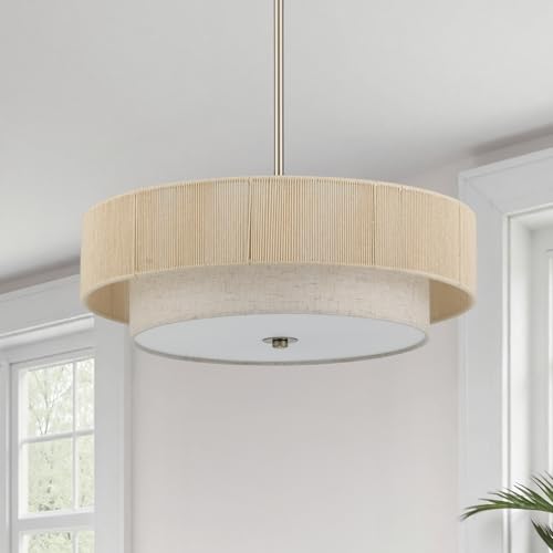 VONLUCE 17.7" Boho Rattan Chandelier, 4-Light Drum Chandelier with 2-Tier Woven Rattan Ceiling Light for Dining Room Bedroom Living Room with E26 Sockets, Nickel Finish, ETL Certified - color: Nickel, size: 18inch