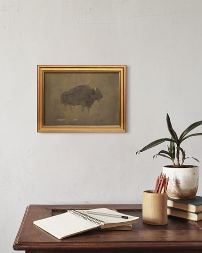 HUARCEY Gold Framed Canvas Wall Art, Retro Bison Picture Decor, Bedroom Bathroom Kitchen Farmhouse Decor, Moody Rustic Vintage Canvas Paintings, 12x16inch - color: Bison Art, size: 16"L x 12"W