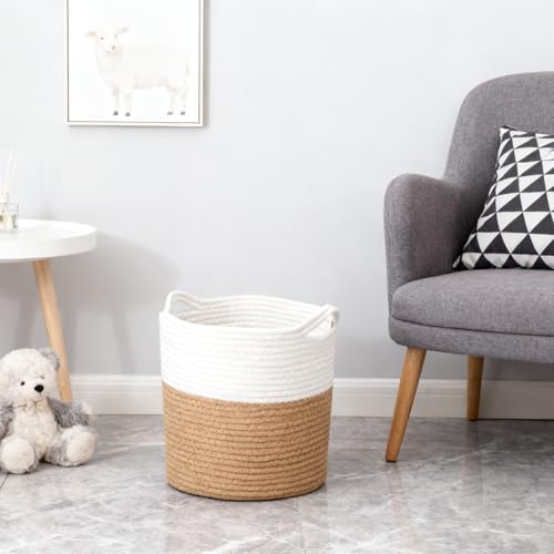 Jute Spliced Cotton Rope Plant Basket - Modern Woven Storage Basket for 10.6" Floor Indoor Planter, White & Beige Decorative Flower Pot Cover with Handle, Rustic Home Decor Laundry Bin