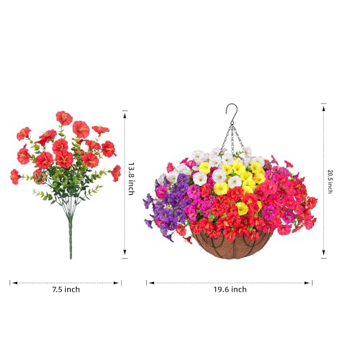 2 Set Artificial Hanging Flowers Fake Plants Baskets for Outdoors Spring Decor , 24 Pcs UV Resistant Faux Morning Glory with 2 Hanging Planters Realistic Silk Flowers for Outside Porch Patio Outdoor - color: 6 Multicolor