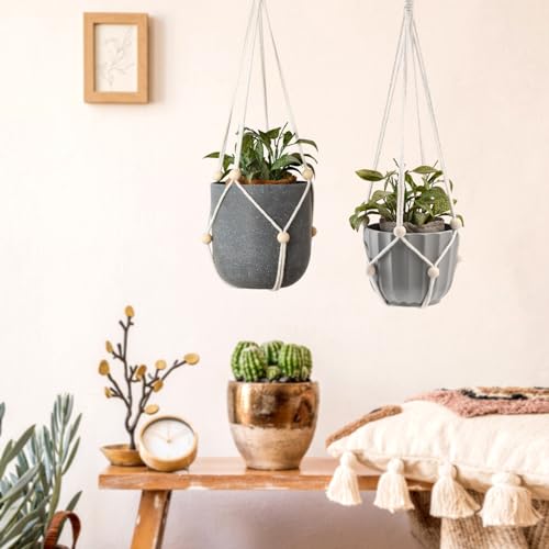 Artilady Hanging Planter for Indoor Plants Macrame Plant Hanger Large Hanging Plant Holder with Adjustable Beads Plants Basket White Rope Boho Plant Wall Decor (White Bead-2pcs) - color: White Bead-2pcs