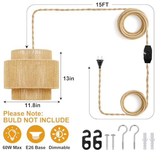 Vinaco Boho Hanging Light Plug in with Rotary Switch, Hand-Woven Dimmable Switch Swag Lamp, 3-Tier Wicker Swag Lights with Plug in Cord 15.4ft, Rattan Wicker Pendant Lights Living Room Corridor Foyer - size: 3 tier HL-8