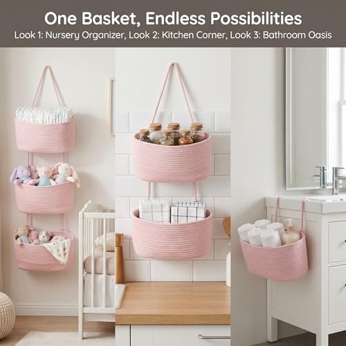 Pink 3-Tier Woven Cotton Rope Hanging Basket, Over the Door Organizer, Adjustable Detachable Wall Basket with Metal & Adhesive Hooks, No Drilling for Girls Room, Bedroom & Dresser Storage - style: Pink