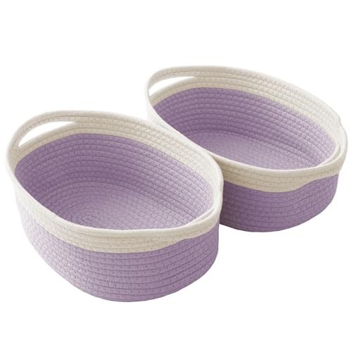 JMvicyroam Woven Basket,Small Rope Storage Bin with Handles & Ribbon Bag, Organizer for Shelves Closets,Gift Basket Empty for Birthday,Books,Dog Toys, White&Purple/2 Pack - color: White&Purple, size: 2 Pack