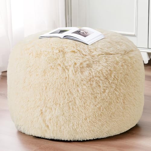 HIGOGOGO Round Stuffed Pouf Ottoman, Long Faux Fur Poufs with Foam Chunk Filling, Fluffy and Furry Pouf Foot Stool Storage Ottoman, 26 X 18 Floor Poufs Foot Rest for Living Room, White - color: Beige, size: 26"D x 26"W x 18"H
