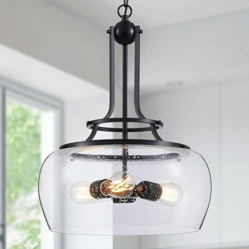 WUZUPS Chandelier Rustic Farmhouse Industrial Round Ceiling Pendant LED Light Fixture Clear Seeded Glass Shade for Dining Room Kitchen Island Foyer Entryway, H 20.9" x W 15.9", Black - color: Pendant Light, Black, 3-Light, size: H 20.9" * W 15.9"
