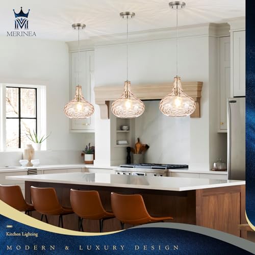 11" Amber Hammered Glass Pendant Light – Brushed Nickel Finish, Adjustable Hanging Cord, Modern Farmhouse Ceiling Light for Kitchen Island, Dining Room, Hallway - color: Amber