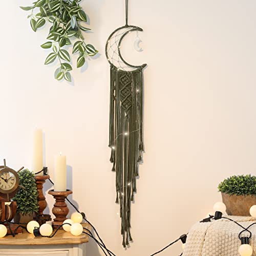 Boho Macrame Woven Wall Hanging for Kids, Crochet Crescent Moon Star Dream Catcher with Long Tasselt, Olive Cotton Handmade Bohemian Home Decor Decoration for Nursery Bedroom Dorm Room - color: Olive Green, size: Without Light