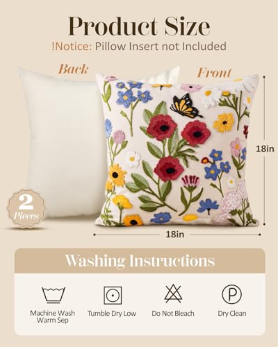 Embroidered Throw Pillow Covers 18x18 Inch - Set of 2 Summer Spring Boho Decorative Pillow Covers with Zipper for Living Room Couch Sofa Bed Aesthetic Design Retro Flower Cushion Pillowcases - color: Retro Flower, size: 18" x 18" (Pack of 2)