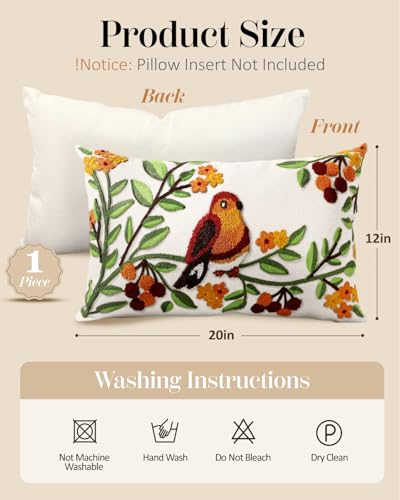 Embroidered Lumbar Pillow Cover - 20x12 Decorative Pillow Cover with Zipper Aesthetic Cute Design Boho Spring Summer Throw Pillowcase for Living Room Couch Sofa Bed, Tree Bird - color: Tree Bird, size: 20" x 12" (Pack of 1)