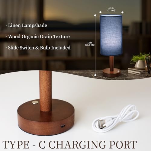 LALISU Small Table Lamp Nightstand Lamp Linen Lampshade Bedroom Wood Base Small Bedside Lamp for Night Stands, Desk Lamps for Reading Living Room, Office (LED Bulb Included) (Blue) - color: Blue