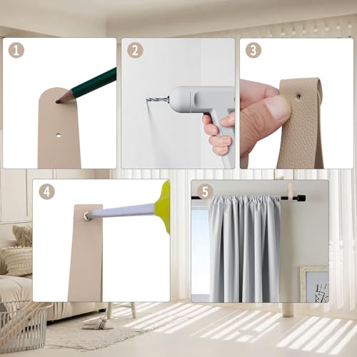 Curtain Rod Holders,Set of 8 Leather Curtain Rod Brackets with Screws,PU Curtain Rod Hangers,Leather Straps Hooks for Wall Pole Macrame Boho Art Décor, Beige - color: Beige