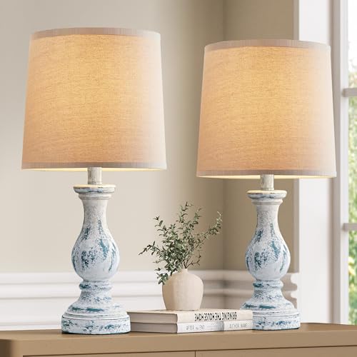 Seealle Farmhouse Table Lamps Set of 2 - Rustic Lamp for Bedroom Living Room, 22" Boho Bedside Lamps for Night Stands End Table Office Desk Lamp Nightstand Clearance with Linen Shades(Washed Blue) - color: D. Washed Blue
