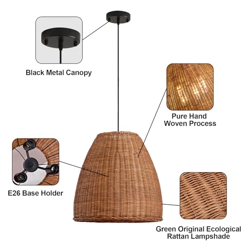 Farmhouse Rattan Chandelier 16.6" 3-Lights Boho Hand Woven Pendant Lights Wicker Dining Room Light Coastal Hanging Lighting Fixtures for Living Room Bedroom Kitchen Sink Restaurant Entryway Foyer - color: Brown-D-16.6IN