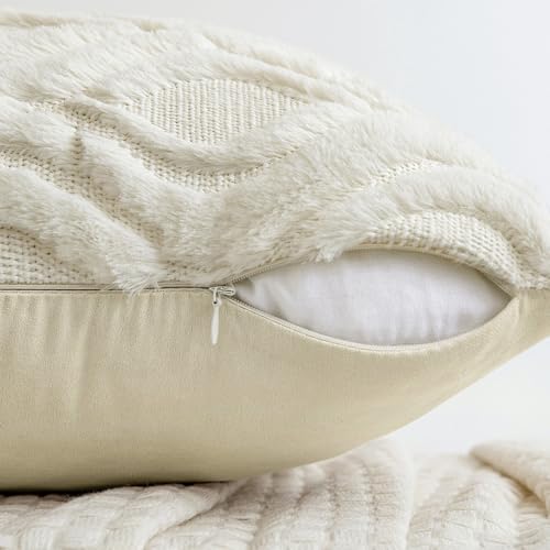 MIULEE Cream White Throw Pillow Covers 18x18 Inch, Soft Winter Plush Faux Wool Couch Pillow Covers Set of 2 Decorative Farmhouse Boho Throw Pillows for Sofa Living Room Bed - color: Cream White, size: 18" x 18" (Pack of 2)