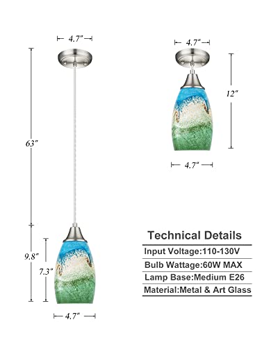 karyfine Mini Glass Pendant Lights,Blown Art Glass Pendant Hanging Light Fixtures Kitchen Island Pendant Lamp Shade with Brushed Nickel Finish for Bar Counter,Hallway,Dining Room Multi color-1P - color: Multi color-1Pack