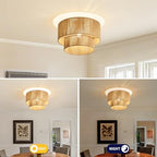 NUODIFAN Boho Semi Flush Mount Ceiling Light Gold Rattan Ceiling Light Double Layer 15.7" Farmhouse Ceiling Lamp with Natural Hemp Rope Lampshade for Dining Room Living Room Bedroom Kitchen