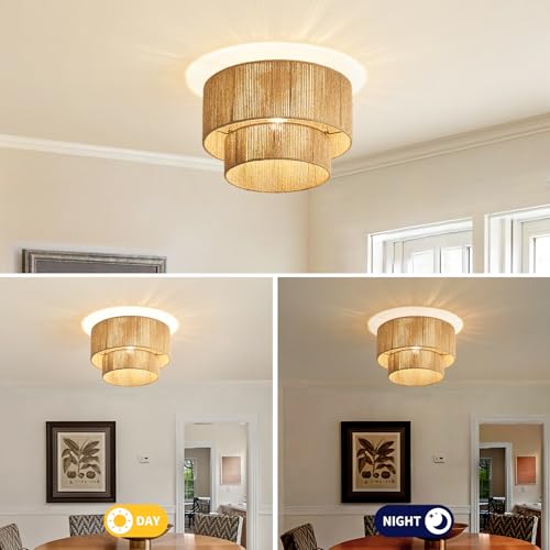 NUODIFAN Boho Semi Flush Mount Ceiling Light Gold Rattan Ceiling Light Double Layer 15.7" Farmhouse Ceiling Lamp with Natural Hemp Rope Lampshade for Dining Room Living Room Bedroom Kitchen
