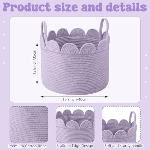 LemonRoad Lavendor Purple Round Basket Large Blanket Basket 15.8" L X 15.8" W X13.8" H Scalloped Woven Baskets Cotton Storage Baskets for Nursery Classroom Closet Blankets Storage Home Decor - color: Lavendor Purple, size: 15.8" L X 15.8" W X13.8" H