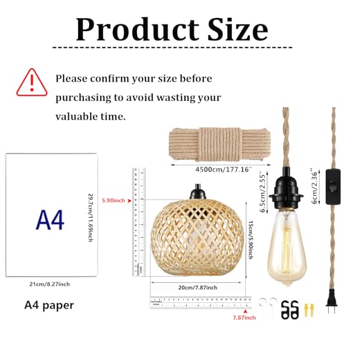 Boho Plug in Pendant Light Wicker Rattan Hanging Lights with 15ft Hemp Rope Cord MINI Bamboo Lampshade Wall Lighting Fixture Swag Lamp for Kitchen Island Farmhouse Living Dining Room Bedroom