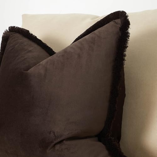 JUSPURBET Pack of 2 Coffee Decorative Fringe Velvet Throw Pillow Covers 16x24 for Home Decor Living Room Bedroom Car Boho Soft Cushion Cover with Hidden Zipper Machine Washable - color: Coffee, size: 24" x 16" (Pack of 2)