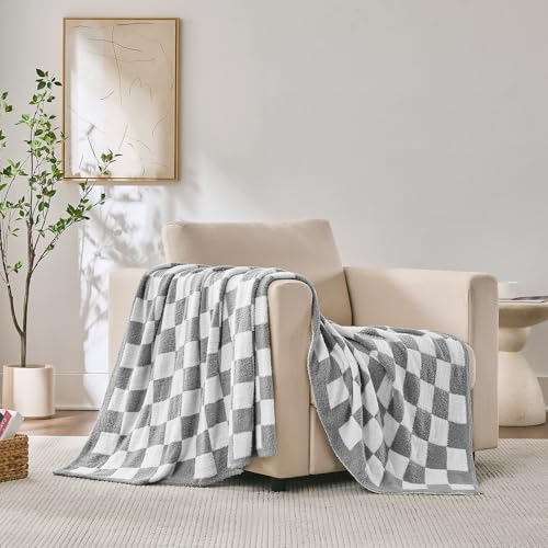 Checkered Throw Blanket, Light Grey Soft Cozy Fluffy Knitted Throw Blankets for Couch, Sofa, Bed, Chair, Warm Fuzzy Travel Picnic Lightweight Plaid Blanket, 60x80 inches - color: Light Grey, size: 60×80 Inch