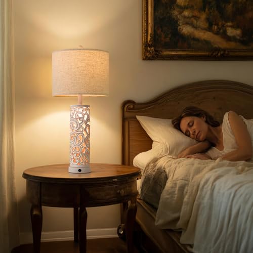 OYEARS 2-in-1 Light Table Lamp Set of 2 for Living Room, 28.5" Farmhouse Bedside Lamps with USB Charging Port, Main&Night Light & Dual Switches, Nightstand Lamp for Bedroom Home Office(Bulb Included) - color: Matte White