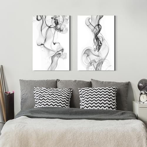 ArtSquare Black and White Canvas Wall Art: Abstract 2 Pieces Smoky Picture Minimalist Watercolor Prints for Bedroom - color: black and white, size: 24”x16”x2
