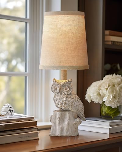G-SAFAVA 14.25" Small Table Lamp for Living Room Farmhouse Bedside Resin Single Lamp with White Owl Lamp Shape for Bedroom Retro Rustic Nightstand Lamp - color: ‏‏‎ ‎‏‏‎ ‎‏‏‎ ‎White Wash
