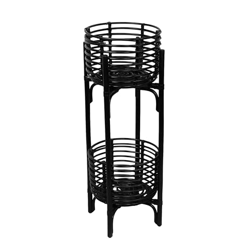JONATHAN Y Zachariah 33.5" Bohemian Minimalist Handmade Rattan 2-Tier Indoor Planter Stand, Black Woven Decorative Stand PLN3000C - color: Black