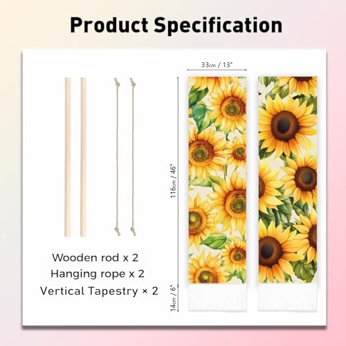 PLIGREAT 2 Pack Vertical Sunflower Wall Tapestry for Bedroom, Yellow Flower Tapestry with Tassels Aesthetic Wall Hanging for Living Room Bedroom Long Narrow Art Decor, 52" x 13" - color: yellow,green