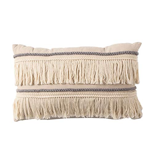 vctops Farmhouse Macrame Cotton Linen Lumbar Decorative Throw Pillow Cover with Long Tassels Boho Hand Woven Tufted Cushion Case for Bed Sofa Couch Bench Car,12x20 Inch,Beige B - color: Beige B, size: 20" x 12" (Pack of 1)