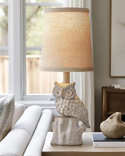 G-SAFAVA 14.25" Small Table Lamp for Living Room Farmhouse Bedside Resin Single Lamp with White Owl Lamp Shape for Bedroom Retro Rustic Nightstand Lamp - color: ‏‏‎ ‎‏‏‎ ‎‏‏‎ ‎White Wash