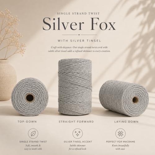 BOCHIKNOT Single Strand Macrame Cord 5mm x 160yds (150m) – Soft Cotton Macrame Rope for Beginners, Easy to Knot for Wall Hangings, Plant Hangers, Fringe and DIY Crafts (Silver Fox) - color: Silver Fox, size: (5mm x 146m) - Single Strand Twist