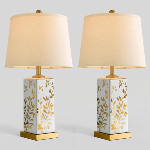 24.25" Mid Century Modern Lamp Set of 2, Vintage Farmhouse Chinoiserie Ceramic Table Lamps, Reflective Gold Leaf Pattern Bedside Lamps for Bedroom Living Room Nightstand, White & Gold - style: Reflective Gold Leaf