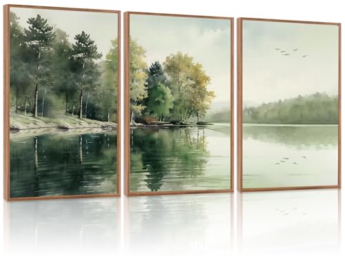 KAIRNE Framed Nature Canvas Wall Art Set,Misty Forest Wall Decor,Green Mountain Forest Pictures,Lake Water Painting set of 3(16”x24”),Landscape Scene Print for Living Room, Bedroom,Gallery Decor - color: Misty Forest(medium), size: 16"Lx24"W