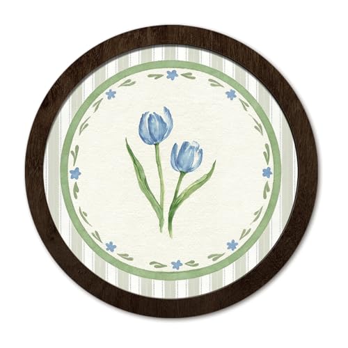PeakClub Floral Bathroom Wall Decor, Sage Green Blue Tulip Cottagecore Round Wooden Wall Art for BathroomHome Living Room 10x10 Inch - color: Floral - Blue