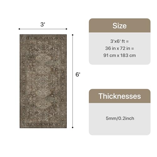 Bavni Washable Runner Rug 3x6, Non Slip Hallway Rug, Vintage Aesthetic Thin Low Pile Washable Carpet for Kitchen Bedroom Entryway, Brown - color: Brown, size: 3' x 6' (Rectangular)