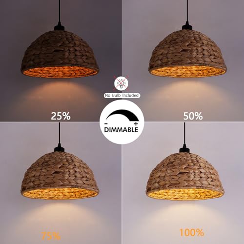 HuisMier Rattan Plug in Pendant Light with 15 Ft Plug in Cord, Hand Woven Lampshade Boho Hanging Lamp with Dimmable Switch, Farmhouse Rattan Pendant Light for Dining Room Bedroom Kitchen - color: Brown Dome