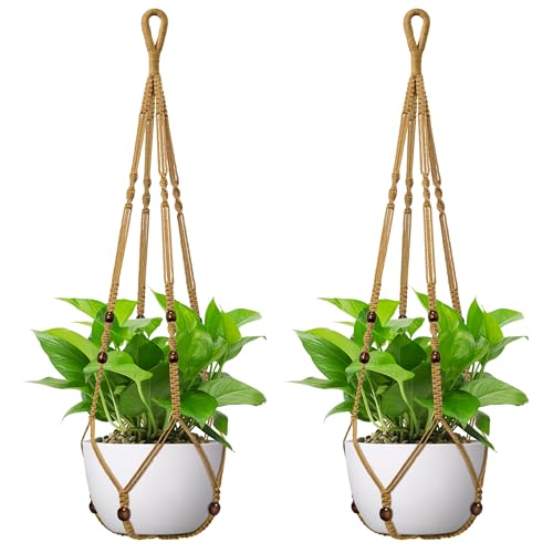 USLAI Macrame Plant Hanger Indoor Outdoor, Fits 4 to 15 Inch Pots, Strong Hanging Planter Holder, Boho Home Decor, 35 Inch, Brown, Set of 2 (POTS NOT Included) - color: Brown, size: 35+35 Inch