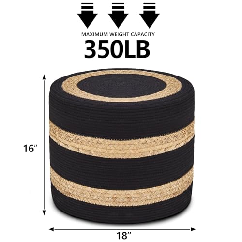 Wimarsbon 2Pcs Pouf Ottomans, Natural Seagrass Foot Stool, Hand Weaving Round Ottoman, Boho Decorative Seat, Jute Braided Pouffe Poof Accent Sitting Footrest for Living Room (18inch 68LH) - color: 18inch Water Hyacinth Braid & Black Cotton Rope