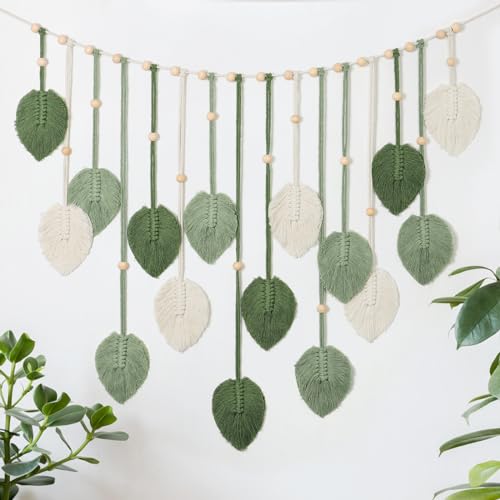 Betylifoy Macrame Wall Hanging Large Macrame Leaves Tapestry Wall Hanging Decoration Boho Handmade Woven Leaf Feather Wall Art Decor for Nursery Bedroom Living Room Office Christmas Thanksgiving Decor, 29 X 51 Inch (Green) - color: Green
