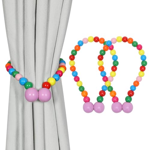 KLOGTSIND Magnetic Curtain Tiebacks, Curtain Tie Backs for Curtains 2 Pack, Wood Bead Curtain Tiebacks, Curtain Holders for Boho Bedroom Decor, Baby Nursery Decor, Farmhouse Décor - color: Multicolor