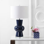JONATHAN Y 28.5" Navy Ceramic Table Lamp for Living Room Bedroom Nightstand, Modern Hourglass LED Bedside Lamp with Crystal Base and Linen Shade (JYL4027B) - color: Navy
